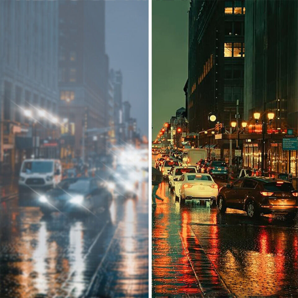 Driving perspective showing clear contrast and filtered headlight glare using PolorVision yellow lenses